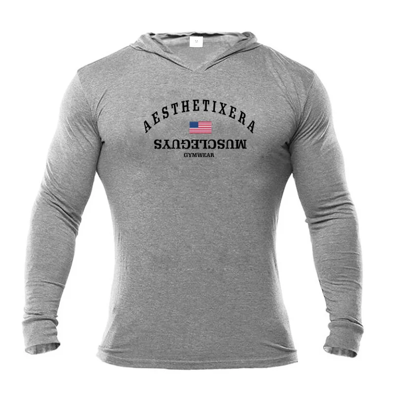 Мужская футболка с капюшоном для бега Homme, быстросохнущие футболки для бодибилдинга, облегающие топы, футболки для спорта, фитнеса, мужские спортивные футболки - Цвет: gray173