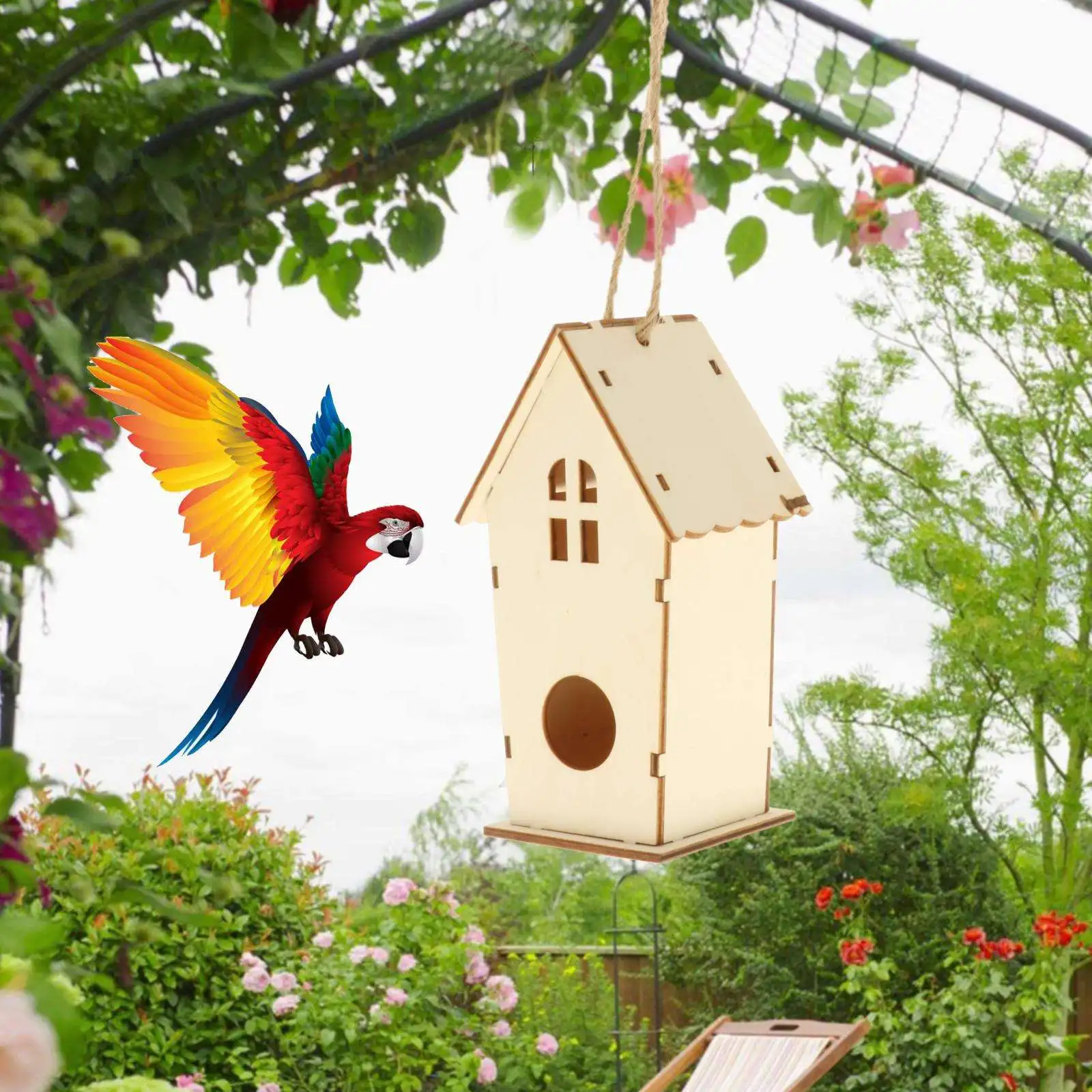 Wooden Bird House Hanging Birdhouse Bird Nest Decorative Hanging Bird Feeder 