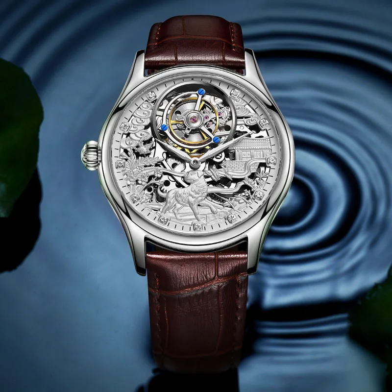 

New 3D Dog Embossed Tourbillon Mechanical Watch Men's Leather Fashion Watches Male Hollow Mechanical Watch Man Waterproof Clock