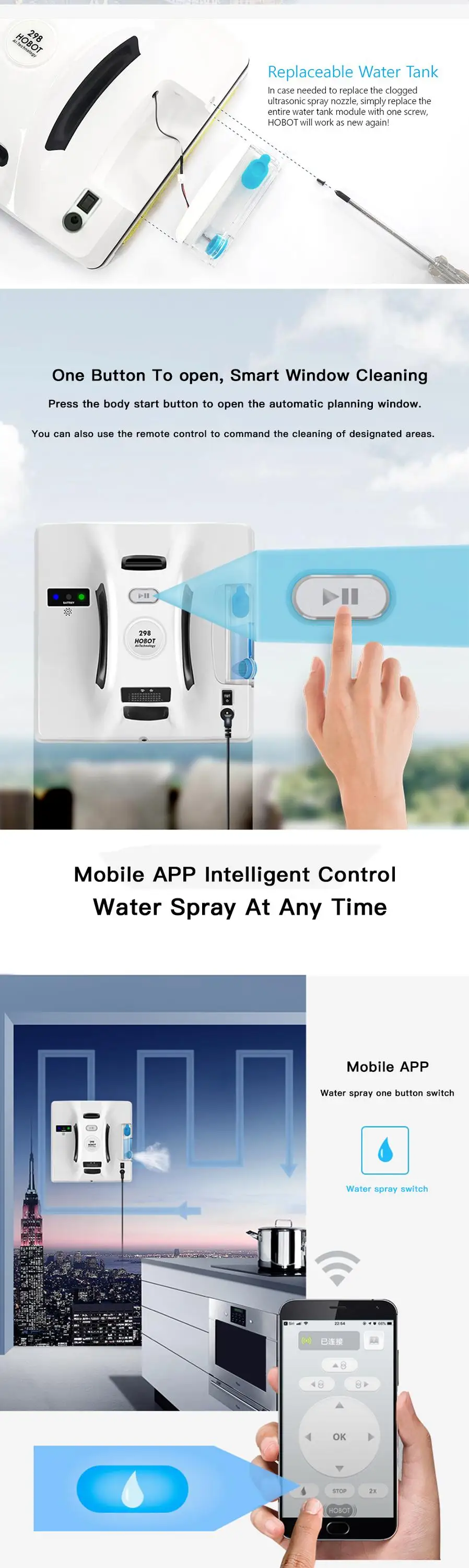 Hobot 298 Window Cleaner Robot Smart Life Windows Cleaner With Water Sprayer Auto Cleaning Smart Phone Control for Home