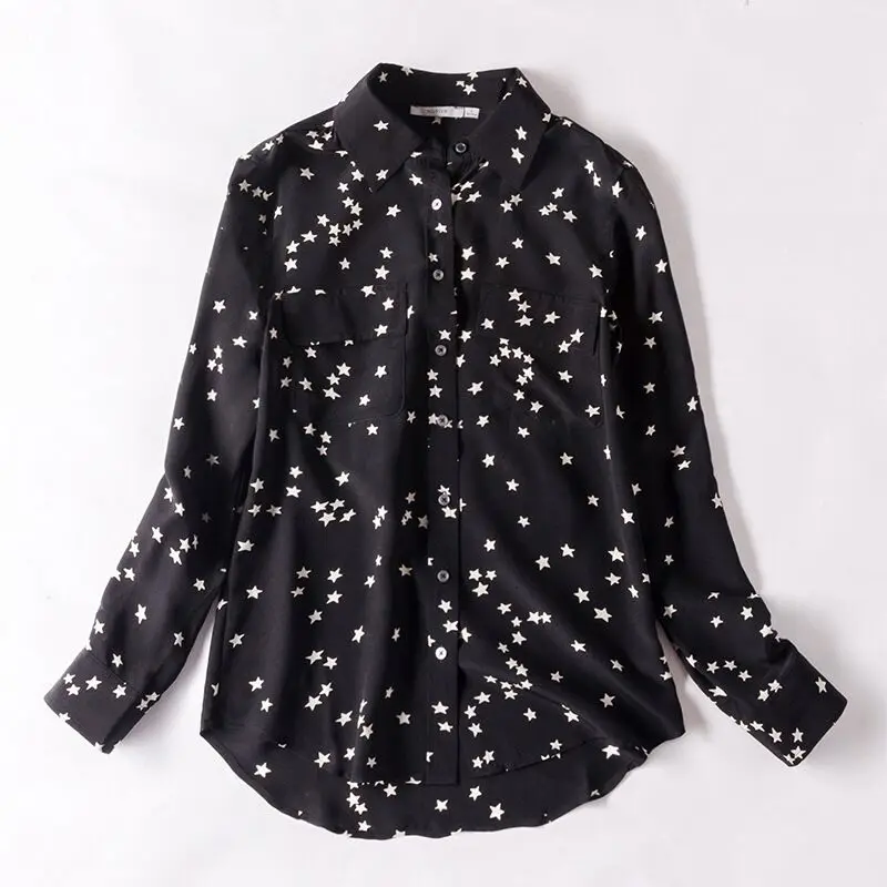 

Women Silk Blouse 100% REAL SILK Star Print Long Sleeve Blouses Basic Button OFFICE Lady SHIRT 2019 Black Blusas Femininas