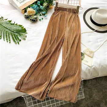 

ZCWXM Solid Chic Korean Pants Women Elastic Waist Pleated Full Length Solid Pantalon Femme Wide Leg Loose Pantalones Mujer