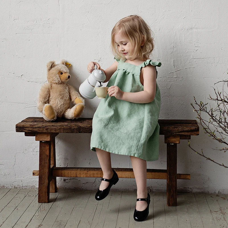 Girls Cotton And Linen Strap Dress Summer Children's Sleeveless Button Casual Loose Baby Princess Dresses