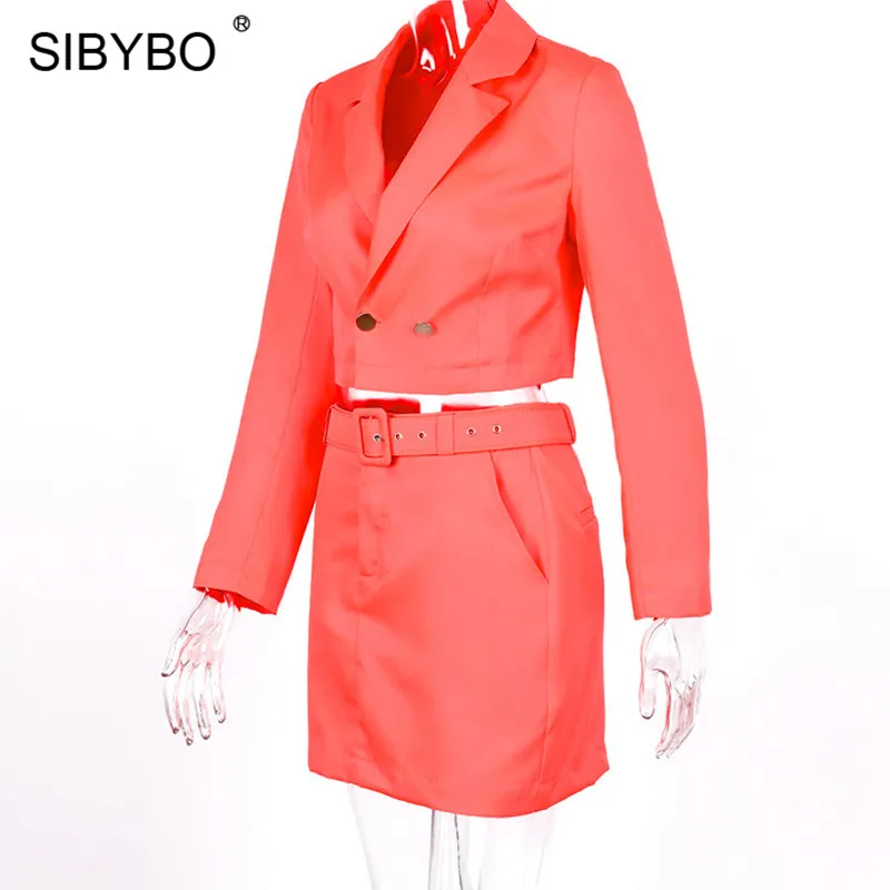 SIBYBO/осенний Женский блейзер и юбка с длинными рукавами, пояс с вырезами, тонкий сексуальный комплект из двух предметов, Женский Повседневный комплект с пуговицами