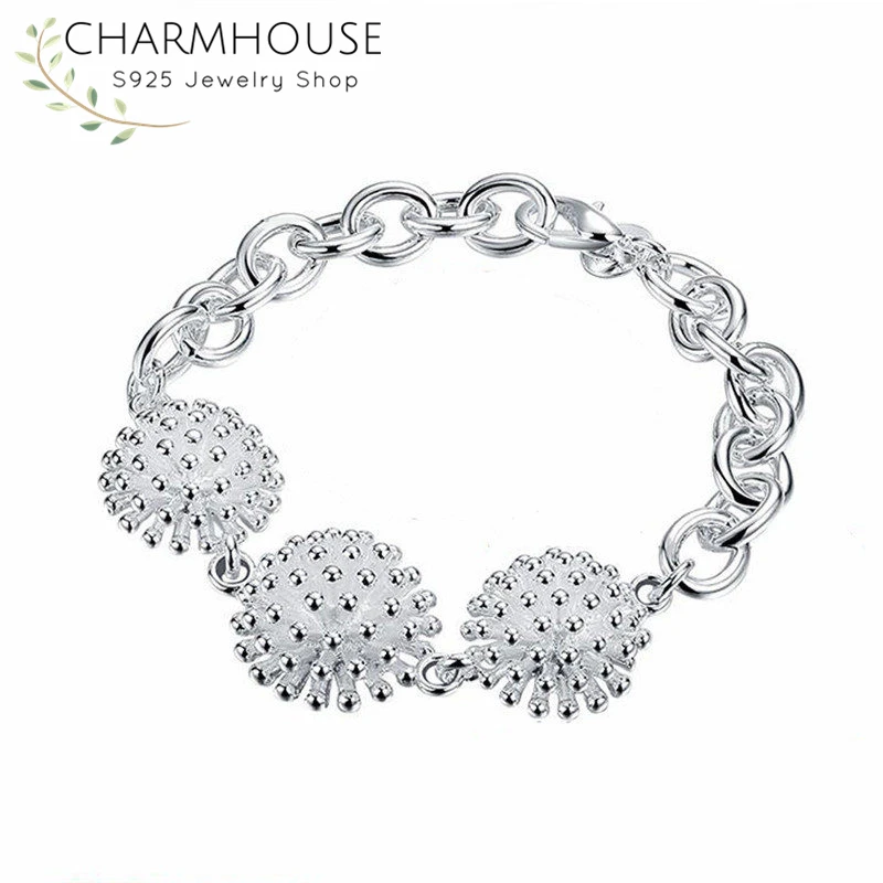 Charmhouse Pure Silver Chain Bracelet For Women Fire Flower Bracelets& Bangles Pulseira Wedding Bridal Jewelry Anniversary Gift