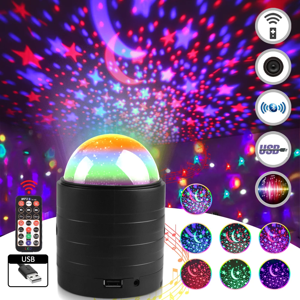 

Bluetooth LED RGB Disco Projector Lights Remote Voice Control Stars Moons Night Light Stage Lights For Home Party Dance Holiday