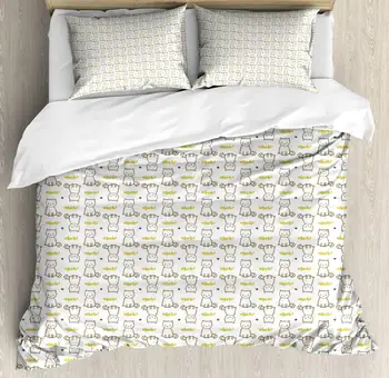 

Cat Duvet Cover Set Cursive Meow with Upside Down Kittens Mini Paws Decorative 3 Piece Bedding Set with 2 Pillow Shams Queen