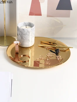 

Round Stainless Steel Golden Decorative Trays Dessert Dish Cake Plate Teacup Saucer Food Storage Tray Jewelry Display Plates