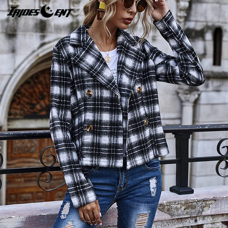 Винтажная стильная двубортная клетчатая куртка пальто женская мода воротник с