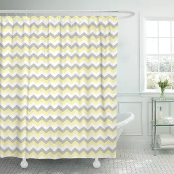 

Classic Chevron Zigzag Stripe Pattern in Gray Yellow Shower Curtain Waterproof Polyester Fabric 60 x 72 Inches Set with Hooks