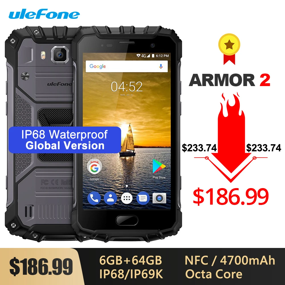 

Ulefone Armor 2 Global Version IP68 Rugged Mobile Phone 5.0" FHD MTK6757 Octa Core 6GB+64GB 16MP Android 7.0 NFC 4G Smartphone