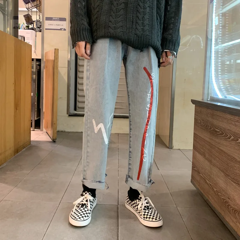 Promotion Hip Hop Jeans Men's Fashion Printed Casual Cotton Straight Jean Pants Men Streetwear Wild Loose Denim Trousers Mens S-2XL