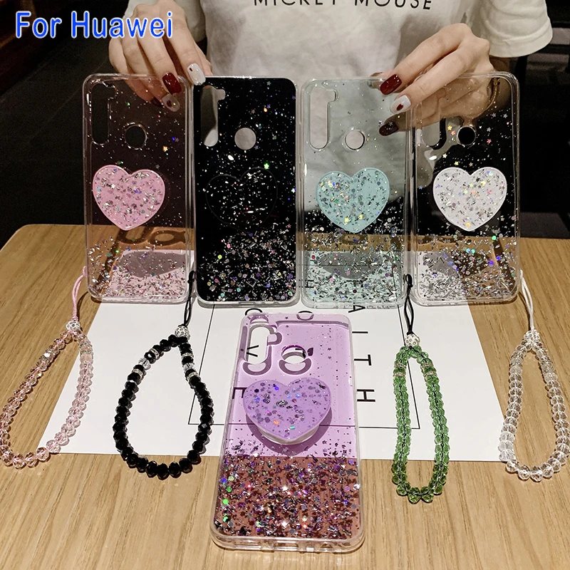 Bling Glitter Case For Huawei P40 Mate 40 Pro Plus Nova 8 Honor 30 30S X10 V30 9C 9S With Crystal Rope Heart Stand Cover | Мобильные