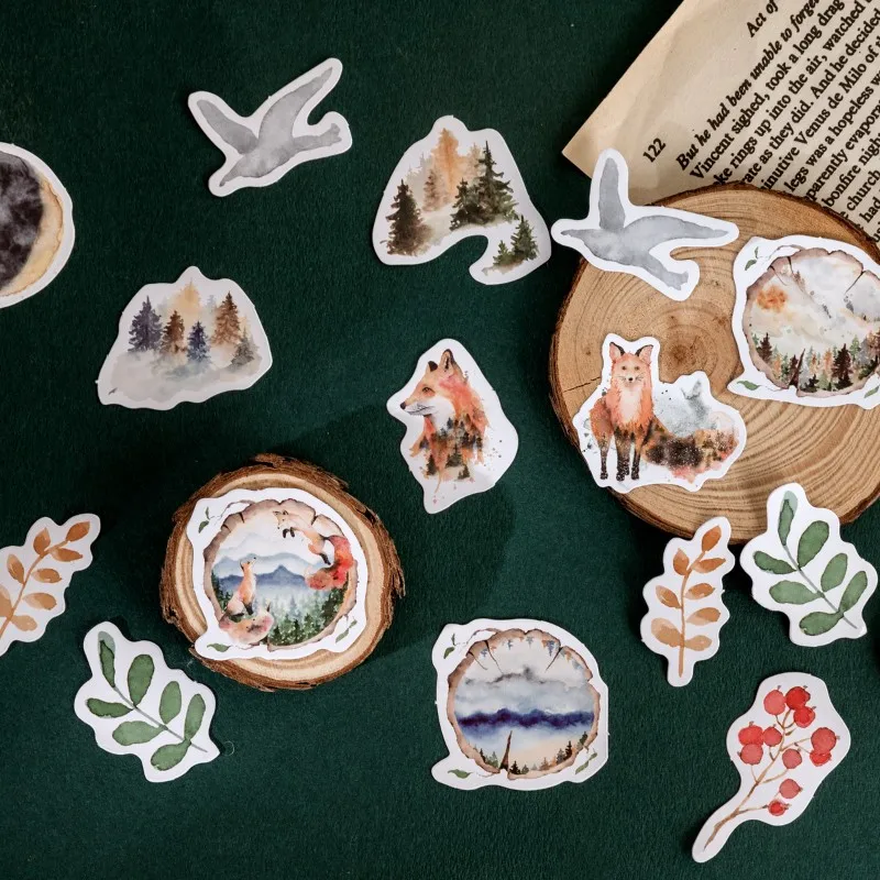 40 팩 도매 박스 스티커 수제 안개가 자욱한 숲 동물 스티커 종이 종이 장식 일기 Scrapbooking 미니 북마크 4CM