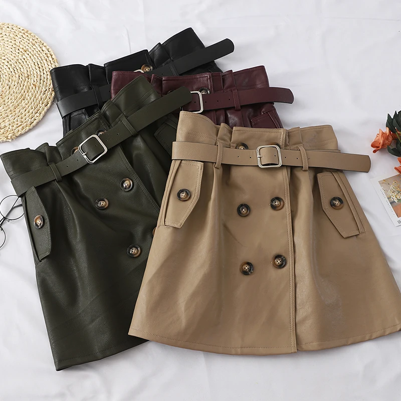 

2019 Fall Winter New High Waist Belt A-line Pu Leather Women Skirt Double Row Buckle Pocket Skirt Fashion