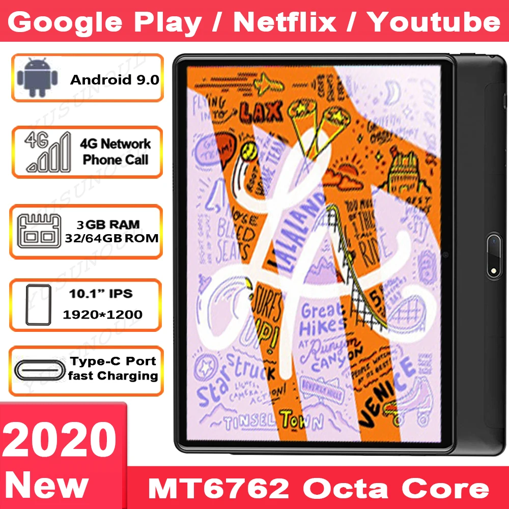 Планшет Android 9 0 10 дюймов 4G LTE 32/64 Гб ПЗУ 8 ядер Wi-Fi GPS Netflix планшет 1 дюйма | Компьютеры