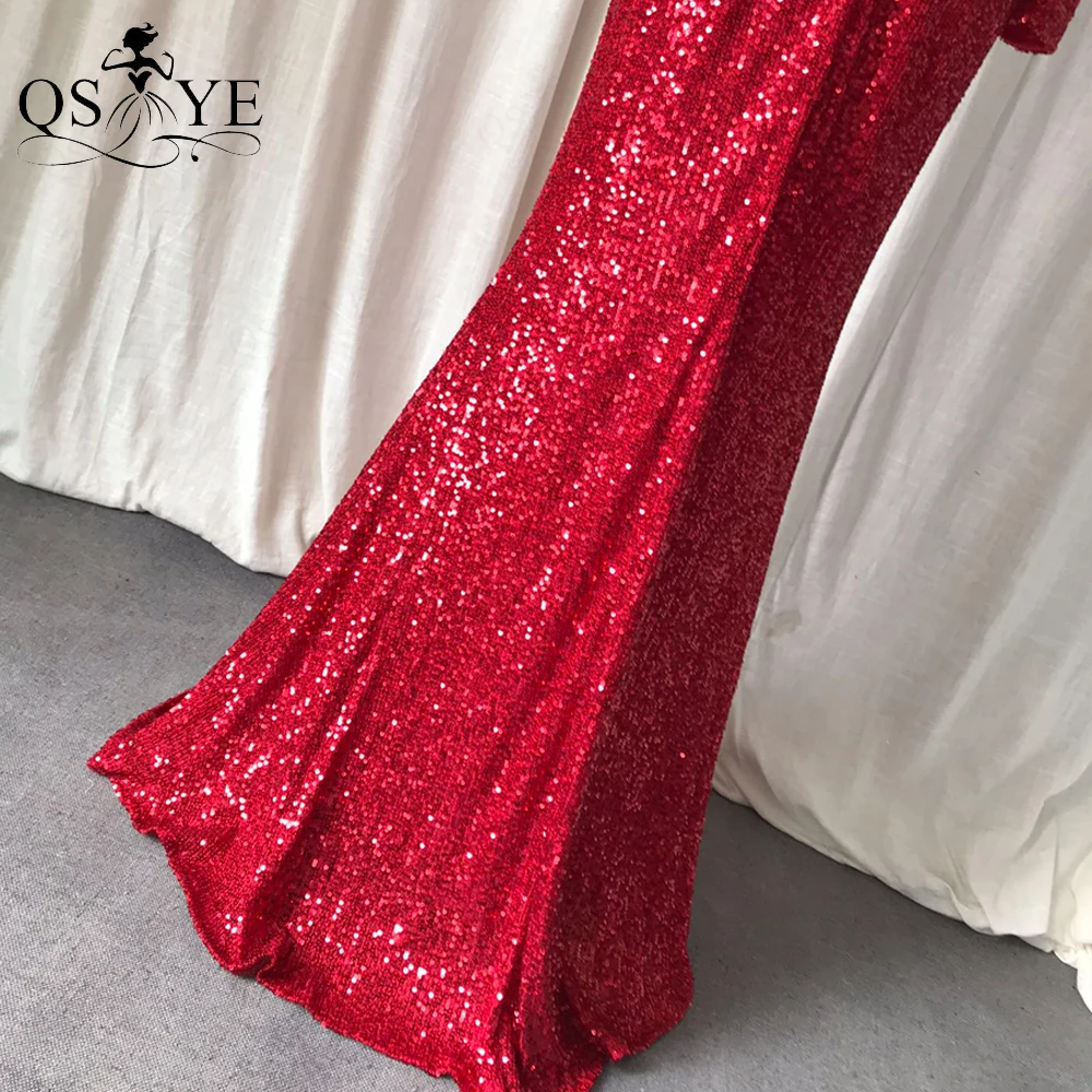 Long Sleeves Red Evening Dress Fitted Mermaid Sequin Evening Gown Glitter Sexy V Neck Party Dress Sparkle Ruched Formal Gown white prom dress