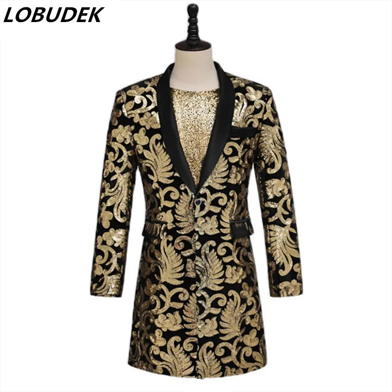 

Evening Party Concert Singer Host Stage Gold Sequins Suits Jacket Long Coat Fashion Men Singer Nightclub Bar Performance Blazers