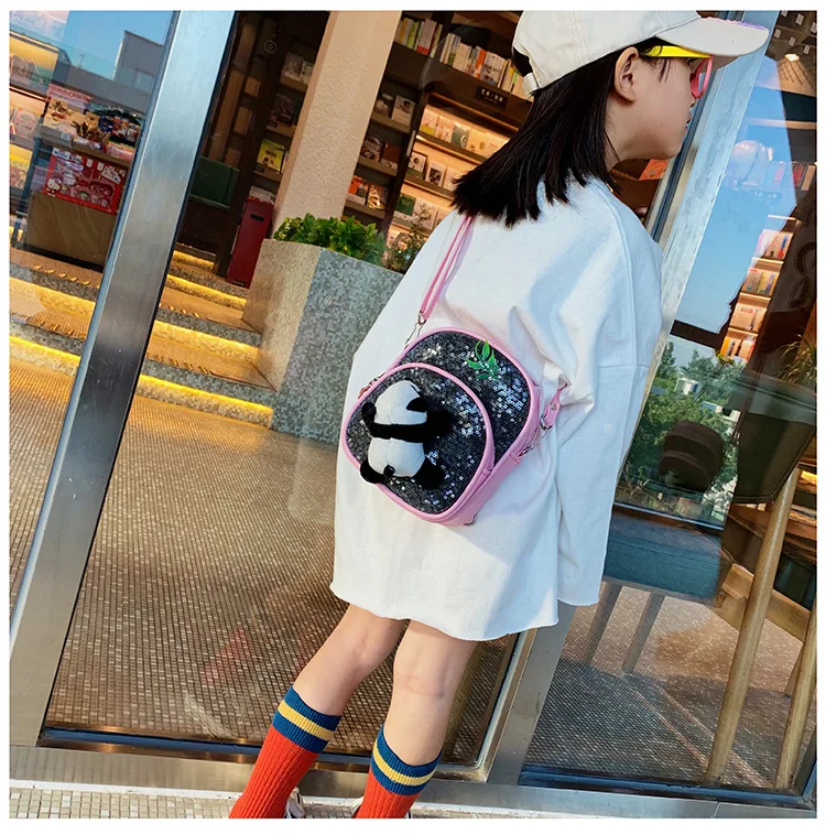Mini PU leather Crossbody Bag for Little Girls Sequin Gillter School Handbags Teenagers Cute Panda Plush Backpack Pink Black Red (14)
