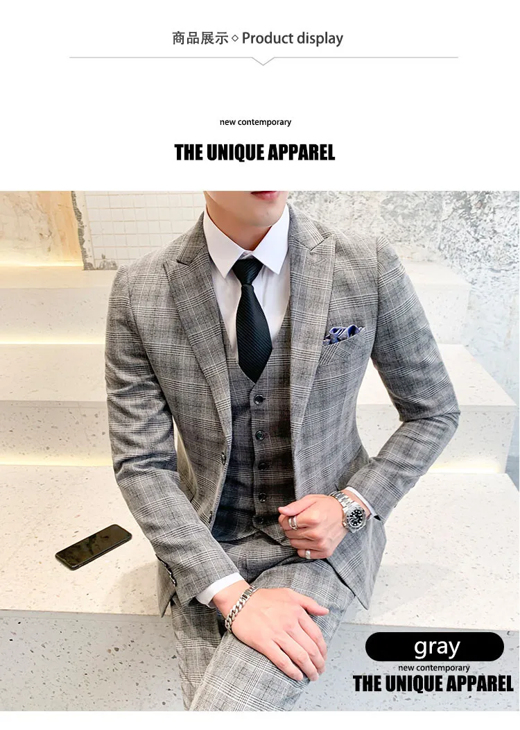 suit suit men's three-piece business plaid official gentleman west decoration body groomsman blazer S-5XL