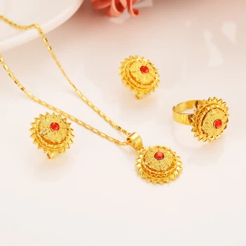 

i New Ethiopian Gold red rainstone Jewelry sets Pendant/Earrings/Bangle gold Stone Africa Ethiopia Wedding set Habesha Eritrea