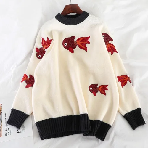 Apricot Neploe, свободный необычный стиль, контрастный цвет, пэчворк, Pull Femme Hiver, о-образный вырез, длинный рукав, Вязанный свитер с вышивкой 3D, пуловер 47773 - Цвет: Apricot