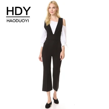 

HDY Haoduoyi Women's Deep V Neck Strappy Cross Back Jumpsuit Romper Sleeveless Playsuit Black Pants Party Club Cropped Trousers