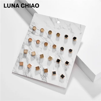

LUNA CHIAO 12pairs/pack Women Mini Square Round Resin Druzy Stone Stud Earrings Set