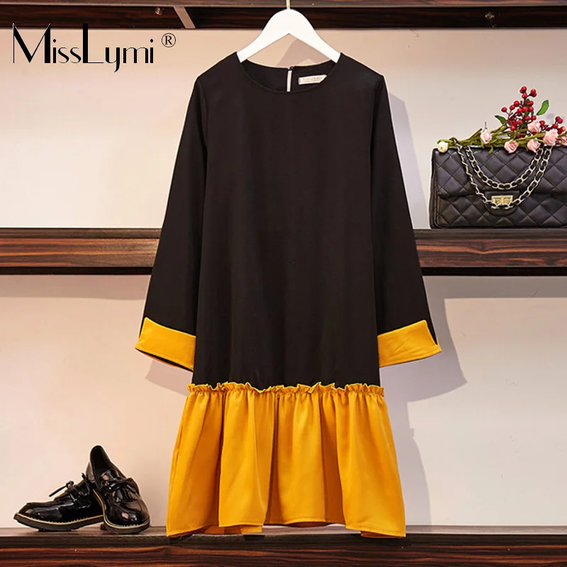 XL-5XL Plus Size Women Casual Dress Autumn 2019 Fashion Preppy Style Long Sleeve Patchwork Yellow Ruffle Loose A-Line Dresses