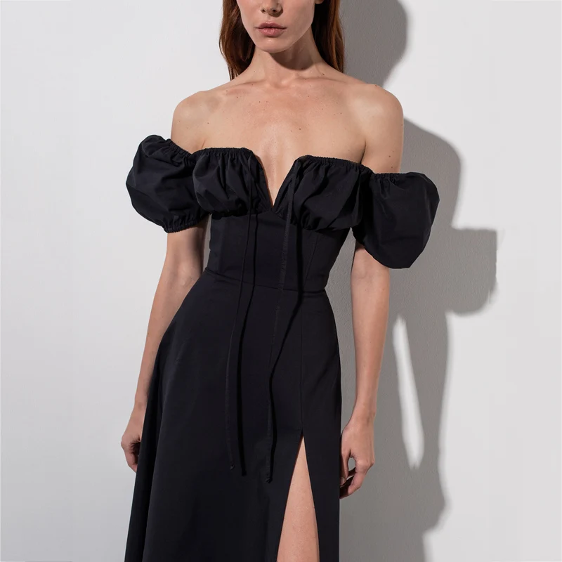 NewAsia Puff Sleeve White Dress Off Shoulder Cut out Tie up Side Split Ruched Long Dress robe femme Summer Dress for Women 2021