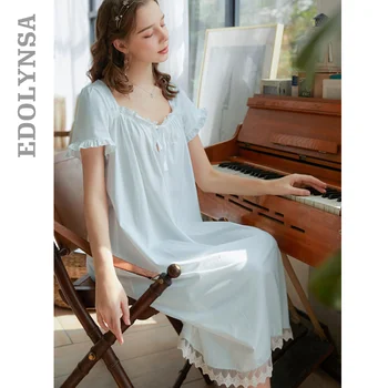 

2020 Summer Sleepwear Vintage White Cotton Nightgown Plus Size Women Home Wear Night Dress For Wedding Nightwear Lingerie T627