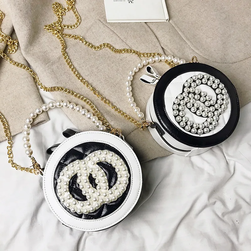 

High Grade Sense Pearl Hand Small round Bag Women's 2019 New Style-Korean-style Fashion Diamond Set Western Style Chain Shoulder