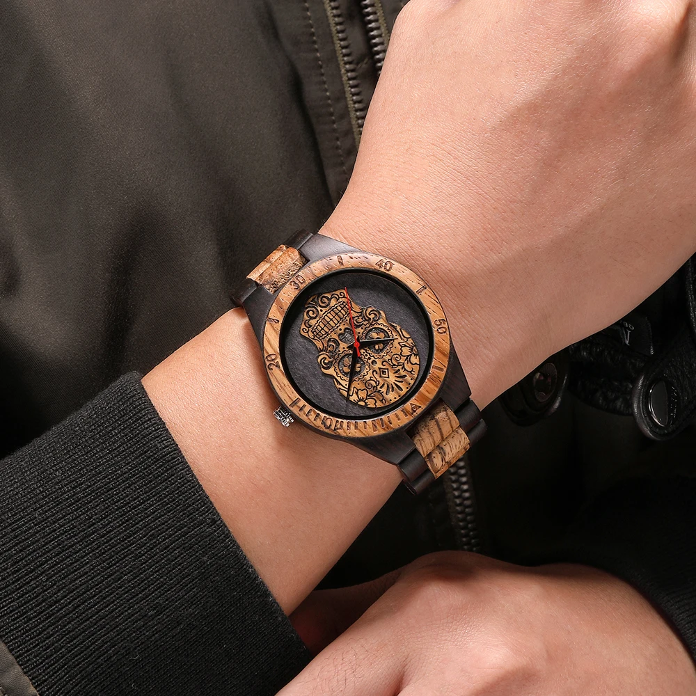Men's Watches Wristwatch Creative 3D Skull Quartz Wood Watch Quartz Wrist Watch Halloween Clock Gifts Relogio Masculino