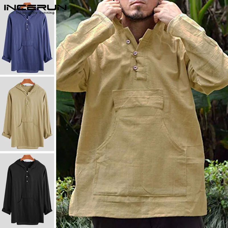 

INCERUN Men Long Sleeve Cotton Big Pockets Hooded Sweatshirt Pure Color Autumn Button Pullover Casual Personality Hoodies 2019