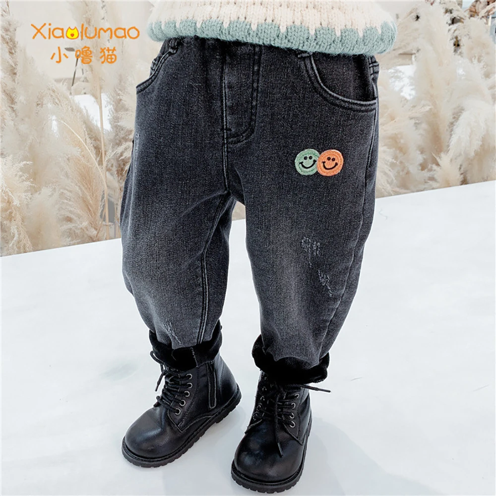 

Winter Warm Kids Jeans Plus Velvet Smiley pattern Children Denim Pants Baby Boys Girls Thick Fleece Pants Childrenâ€™s Costume 3-8