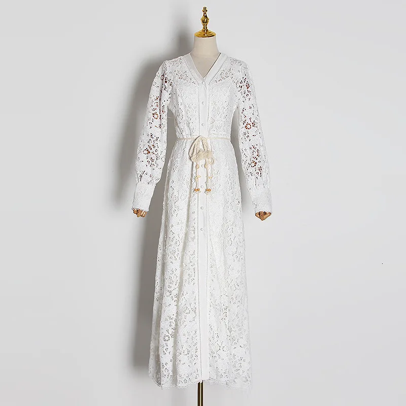 CAMIA ZIM midi dress Hollow out lace long sleeve high waist V-neck long dress dresses woman party night - Цвет: DR19801-1