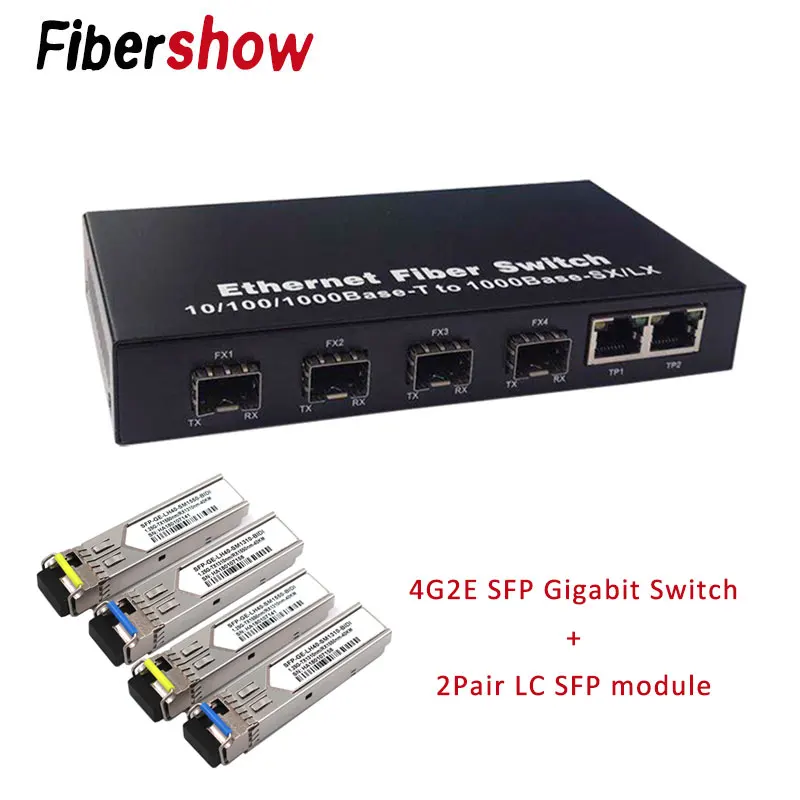 Гигабитный Ethernet коммутатор волоконно-оптический медиаконвертер 4 волокно sfp модуль порт 2 RJ45 10/100/1000 м UTP волоконный порт - Цвет: with sfp module