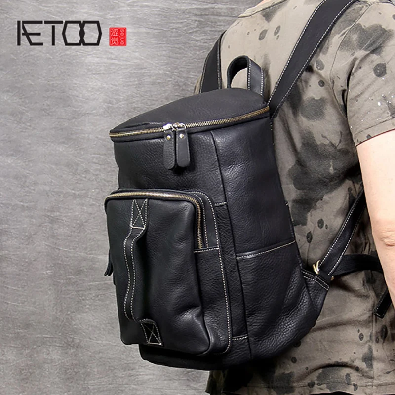 

BJYL Simple retro leather shoulder Baotou layer cowhide Backpack men's large capacity bucket bag travel bags
