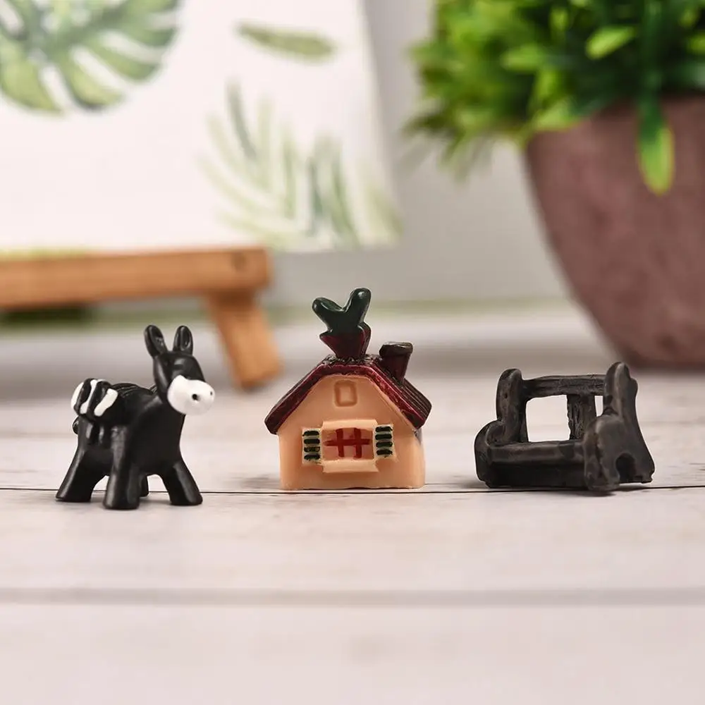 

3PCS /Set Artificial Miniature Cute House Bench Donkey Set Model Toys Micro Landscape Ornaments Home Garden Decoration