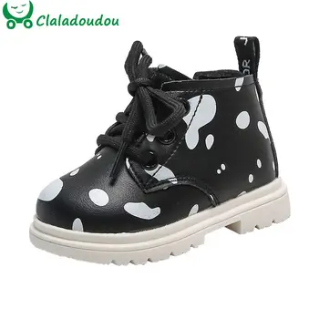 

11.5-15.5cm Baby Boots For Autumn Toddler Pu Leather Spots Girls Ankle Boots Kids Lace-up Zip Flats Fashion Boots For 0-3Years