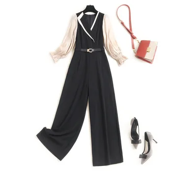 

New 2020 autumn fall color block Women jumpsuits asymmetric collar patchwork lantern sleeve black jumpsuits rompers belt