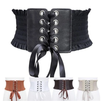 

Women Ladies Soft PU Leather Wrap Around Tie Waistband Lace Up Eyelet Cotton Corset Belt Cinch Waist Wide Dress Belt Waistband