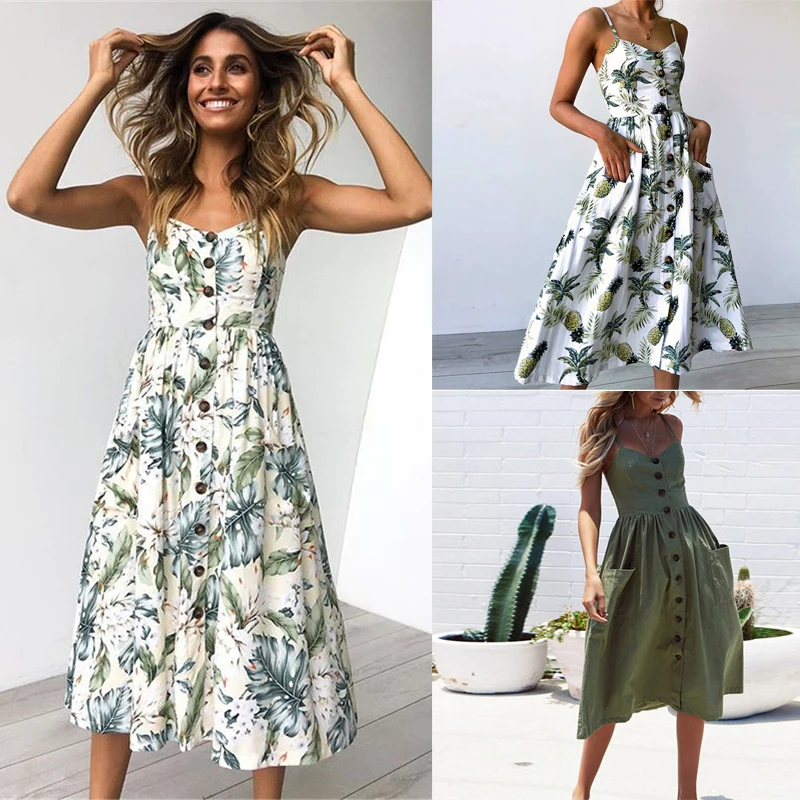 

Vintage Casual Sundress Female Beach Dress Midi Button Backless Polka Dot Striped Women Dress 2020Summer Sexy Floral Party Dress