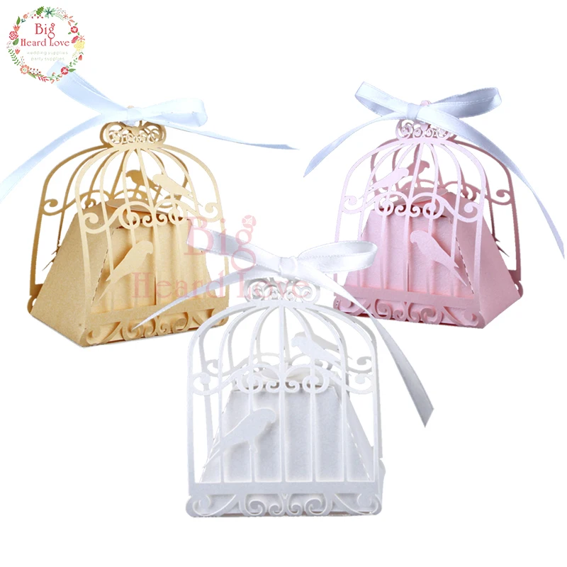 

50pcs/lot Laser Cur Birdcage Candy Box with Ribbon Love Bird Box Wedding Party Chocolate Box Baby Shower Fovor Box Party Supplie