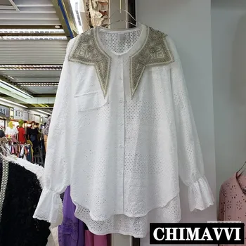 

2020 Spring and Summer New Diamond Beads Mid-Length White Blouse Streetwear Loose Female Long-Sleeved Shirt Cutout Lace Blusas