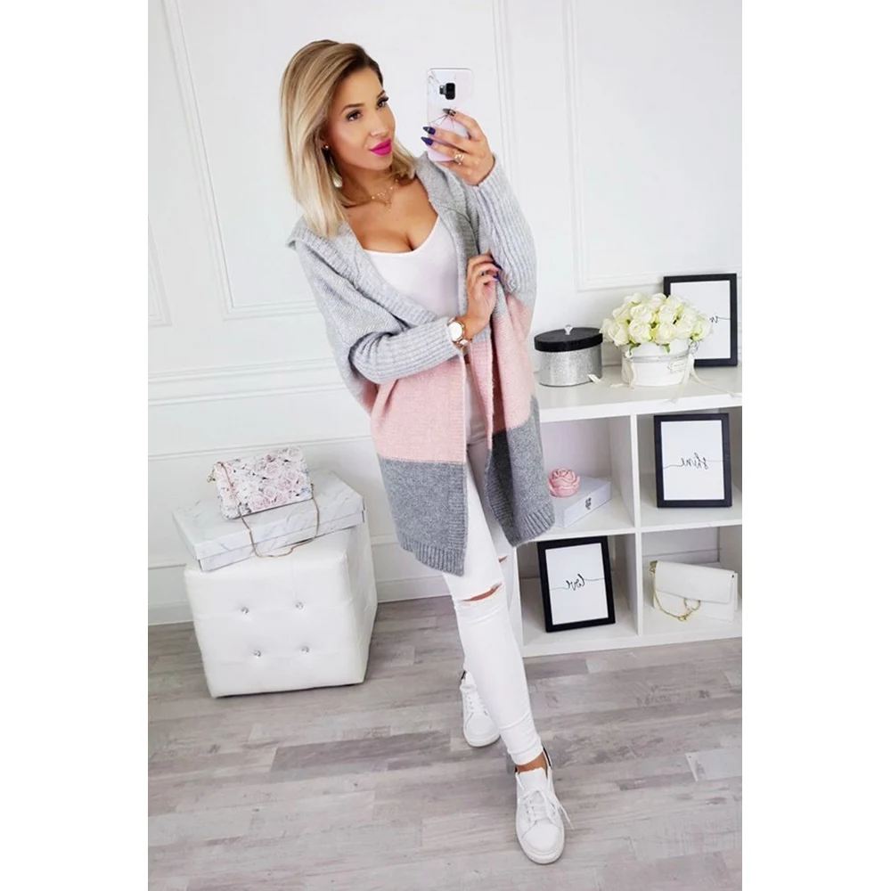 

LOOZYKIT Fall 2019 Long Cardigan Sweater Women Casual Striped Color Block Jumper Sweater Femme Loose Long Sleeve Knitwear Mujer