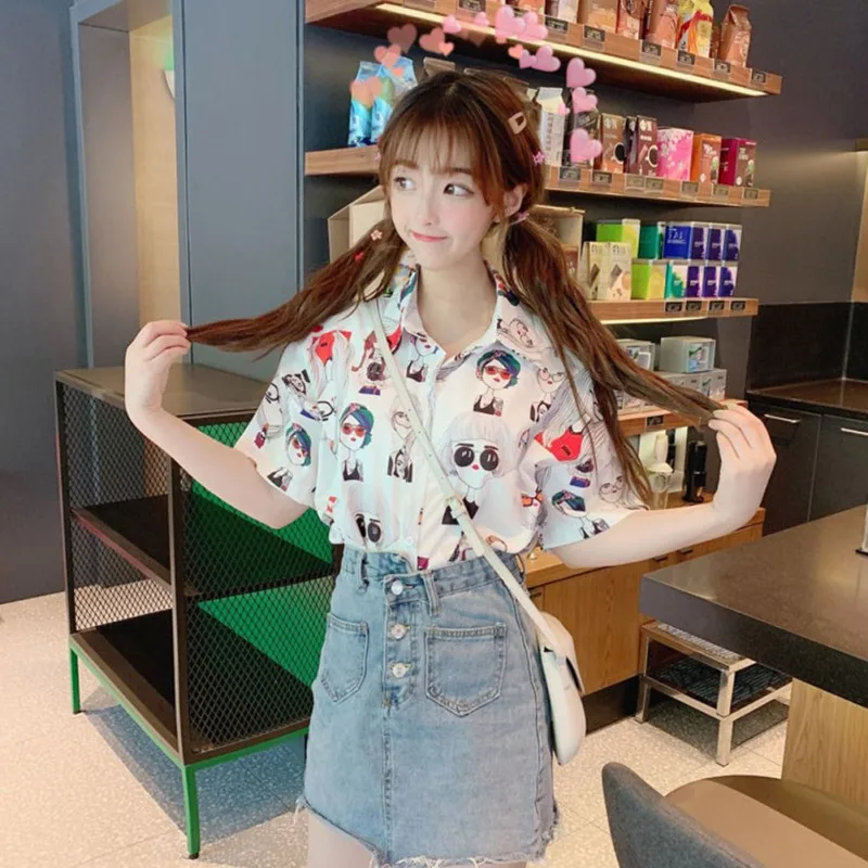 Women Fashion Retro Summer Shirt Cartoon Print Slim Short Sleeve Blouses Lapel Single Buckle Casual Tops Clothes |