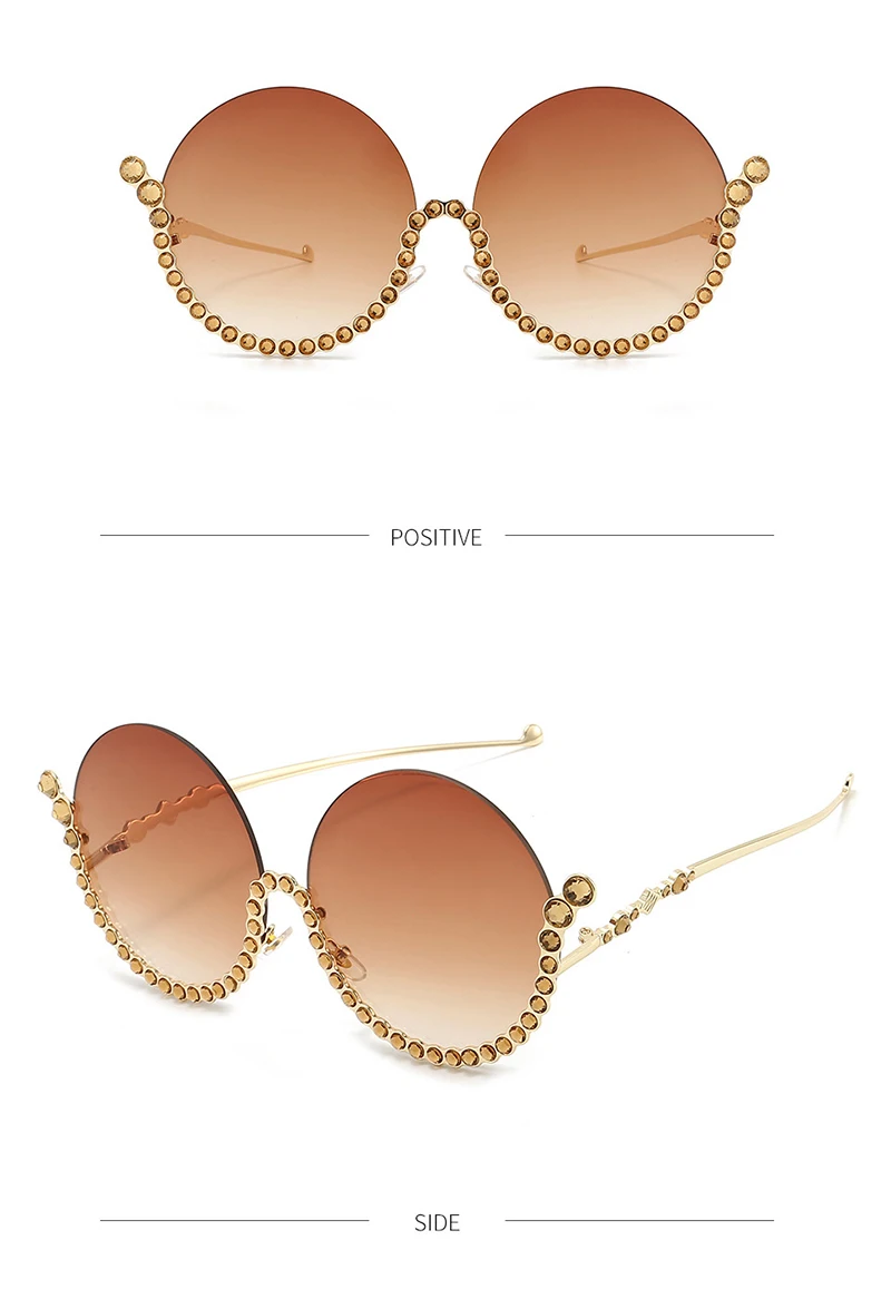Luxus Runde Diamant Sonnenbrille Legierung Rimframe Kristall Shiny Sonnenbrille Weibliche Einzigartige Elegante Übergroßen Strass Shades UV400 – Detail 9