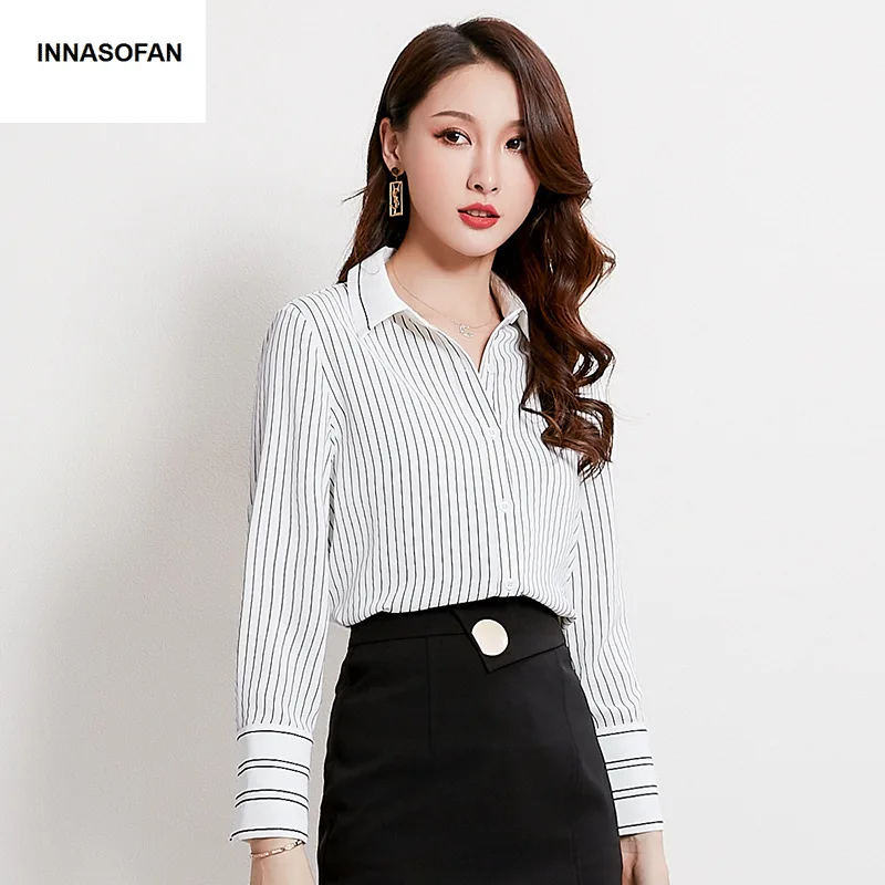 

INNASOFAN OL Chiffon Shirt Women Spring Autumn Long-sleeved Blouse Euro-American Fashion Striped Turn-down Shirt
