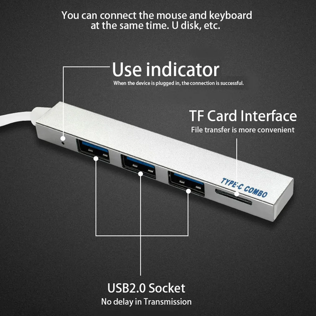 4 Port Splitter Type-C to USB 2.0 HUB Converter Adapter Cable for PC Laptop Computer Docking Station,Silver